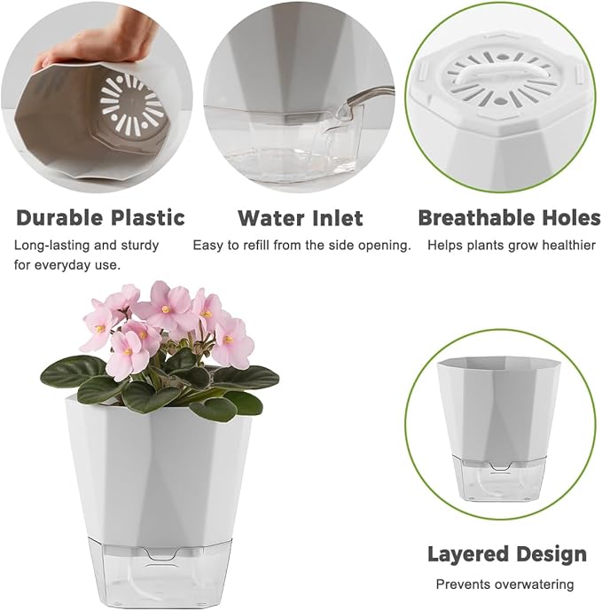 6 Pack Self Watering Plant Pots 5 Inches Self Watering Planters for Indoor and Outdoor Plants African Violet Self Watering Pots Clear Pots for Plants Herb Orchid Flower Houseplant Pots, Light Grey
