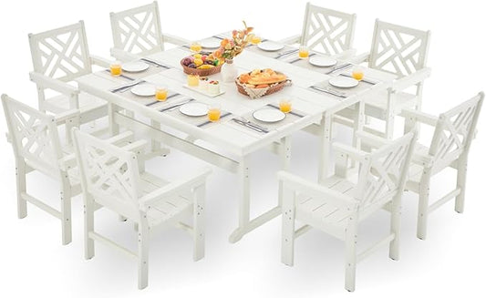 HDPE Outdoor Dining Set,10-Piece Outdoor Table and Chairs Include 8 Dining Chairs and 2 Pcs 62.5" Patio Dining Table with Umbrella Hole (White)