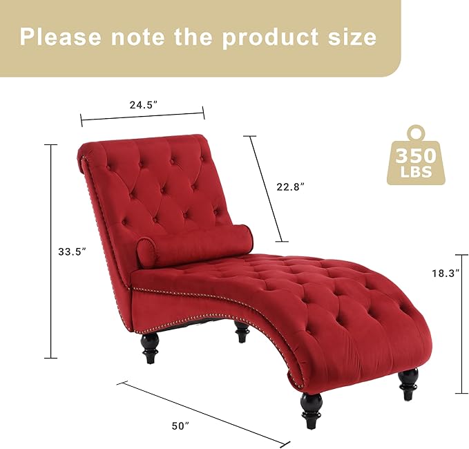 Chaise Lounge Indoor,Velvet Upholstered Lounge Chair Button-Tufted Armless Chair with Pillow, for Bedroom Living Room Office Modern Backrest Leisure Recliner Sleep Sofa,Red