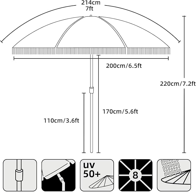 AMMSUN 7ft Patio Umbrella with Fringe Outdoor Tassel Umbrella UPF50+ Premium Steel Pole and Ribs Push Button Tilt, Stripe Beige