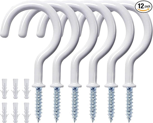 12 Pcs Ceiling Hooks for Hanging Plants, Cups, Utensils and Christmas String Lights, 1-1/4 inch Vinyl Coated Screw-in Plant and Cup Hooks for Wooden and Drywall with Anchors - White