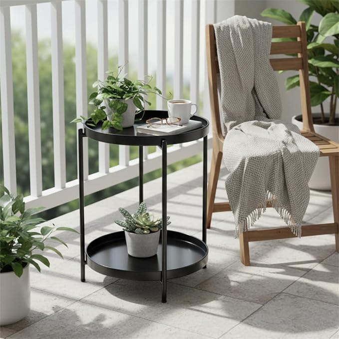 danpinera 2-Tier Round Side Table, Metal End Table with Removable Tray, Small Outdoor Table Accent Table, Anti-Rust Black Nightstand for Bedroom Balcony Patio (Black)