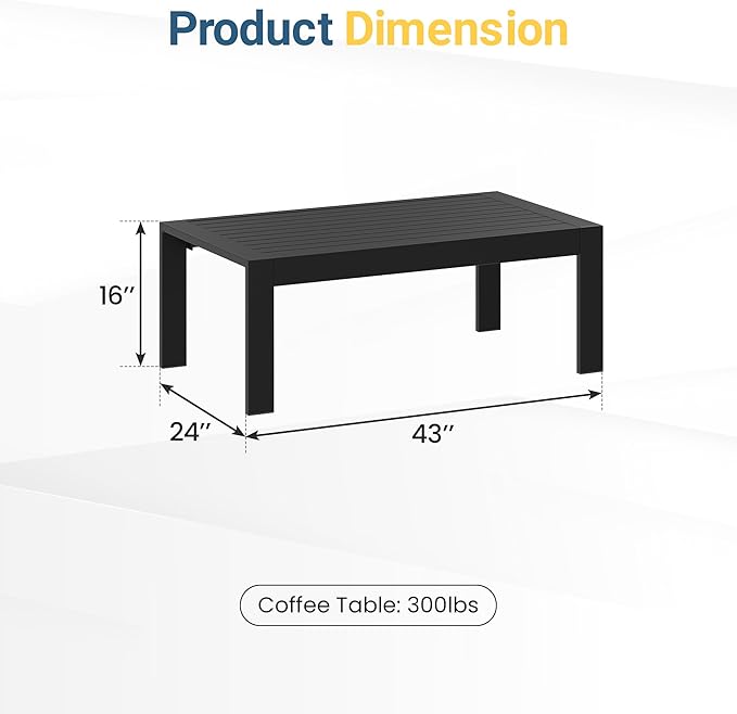 Wisteria Lane Outdoor Furniture Patio Coffee Table, Rectangle Outdoor Coffee Table, All-Weather Patio Metal Coffee Table for Balcony, Garden, Deck, Backyard, Black
