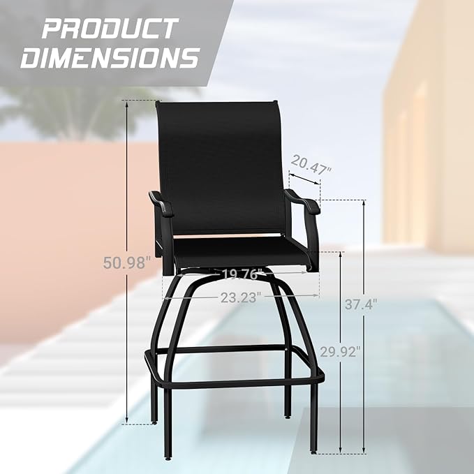 LEVELEVE Patio Bar Set 4pcs Swivel Bar Stools Outdoor Bistro Textilene Furniture Stability All-Weather Set (Black Fabric)
