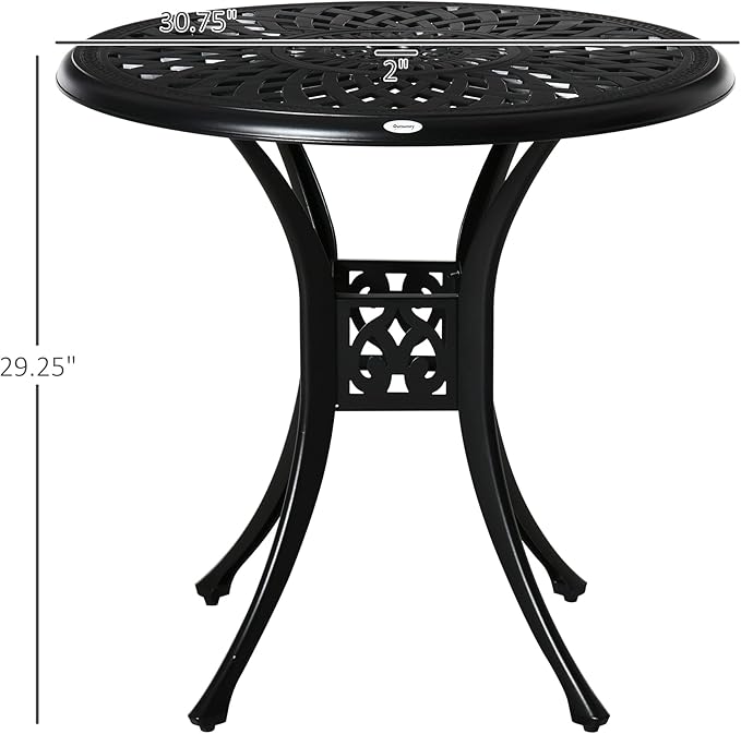 Outsunny 30" Round Patio Dining Table with Umbrella Hole, Antique Cast Aluminum Outdoor Bistro Table Only, Black