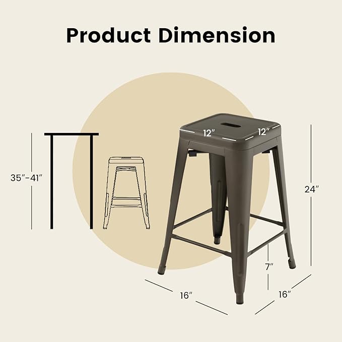 COSTWAY Bar Stools Set of 4, 24” Stackable Metal Stools with Square Seat & Handing Hole, X-shaped Reinforced Design, Comfortable Footrest, Backless Bar Chairs for Kitchen, Dining Room, Pub (Gun, 24‘’)