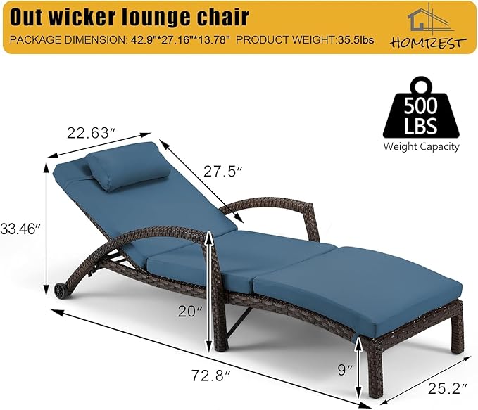 HOMREST Chaise Lounge Chairs Set of 4, PE Rattan Wicker Recliner, Patio Lounge Chair with Adjustable 5 Position Arm & Wheels for Poolside Backyard Deck Porch,Dark Blue