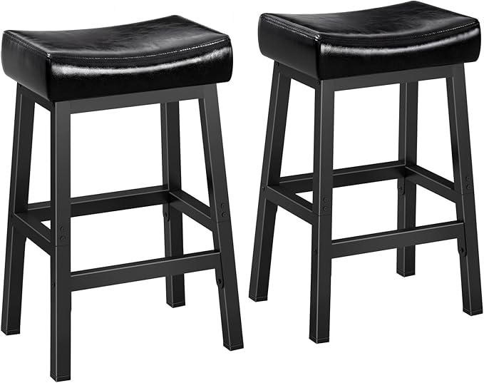 24 Inch Bar Stools Set of 2 for Kitchen Island, Kitchen Chairs Counter Height Stools with Footrest, Black Saddle Leather Barstools Heavy Duty for Dining Table Farmhouse Outdoor