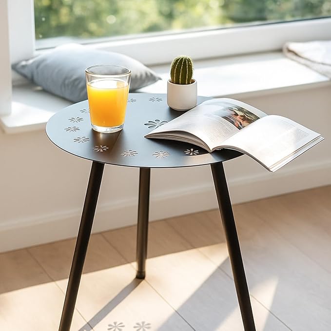 18 Inch Outdoor Side Table Patio Round Tables for Outside Black End Tables Small Coffee Table End Table Modern Metal Porch Plant Stands for Balcony, Indoor, Bedroom, Living Room, Small Spaces