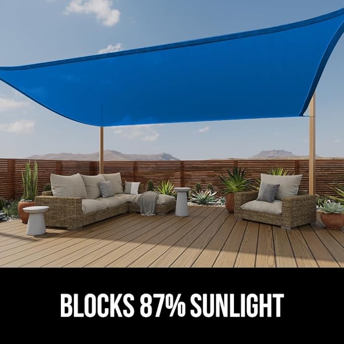 GORILLA GRIP Heavy Duty Sun Shade, UV Protection Fade Tear and Rust Resistant Rectangle Sunshade Canopy, Curved Edges Blocks Sunlight, Breathable Sail, Outdoor Patio, Lawn Garden, 8x10 FT Blue
