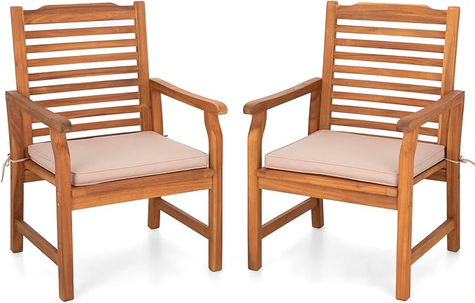 Sophia & William 2 Pieces Acacia Wood Patio Dining Chairs with Cushions, Outdoor Oil Finish Middle Back Wooden Armchairs Set of 2, Natural Wood Chairs for Porch Yard Balcony Deck, Teak