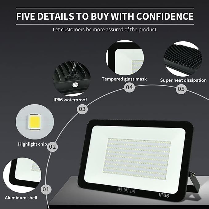 2Pack LED Flood Light Outdoor,250W LED Work Light 25500lm with 6FT US Plug,IP66 Waterproof Exterior Security Lights,6000K Daylight White Outside Floodlights Slim Design for Playground Yard