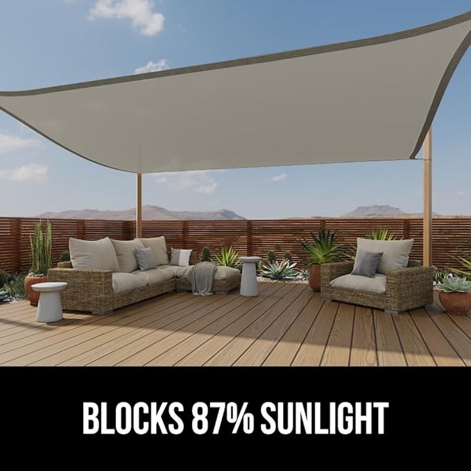 GORILLA GRIP Heavy Duty Sun Shade, UV Protection Fade Tear and Rust Resistant Rectangle Sunshade Canopy, Curved Edges Blocks Sunlight, Breathable Sail, Outdoor Patio, Lawn Garden 10x10 FT Gray