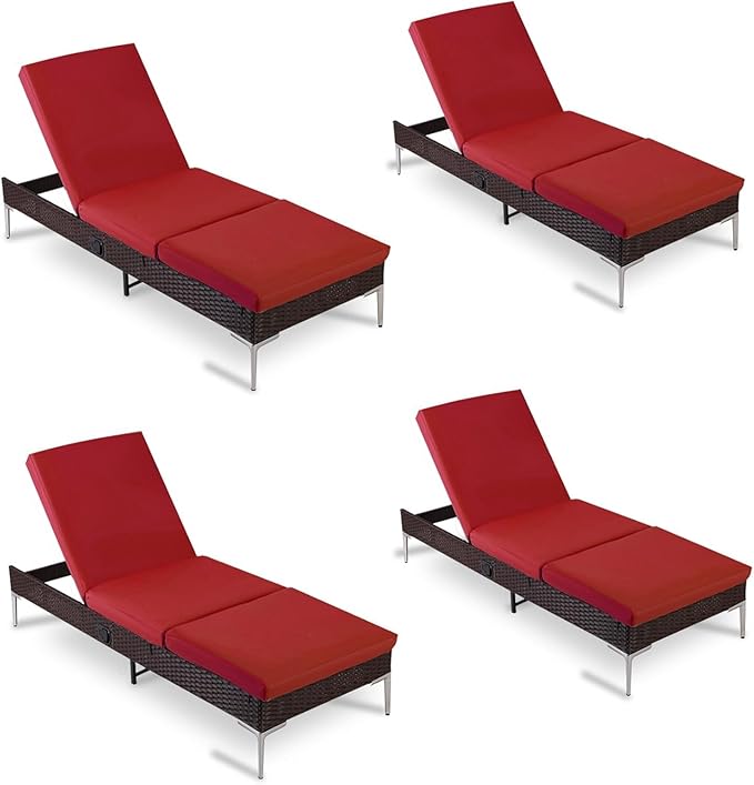 HOMREST Outdoor Lounge Chairs Set of 4, Patio Wicker Chaise Lounge with Removable Cushion, Rattan Pool Sunbathing Recliners with Adjustable Backrest (Burgundy)