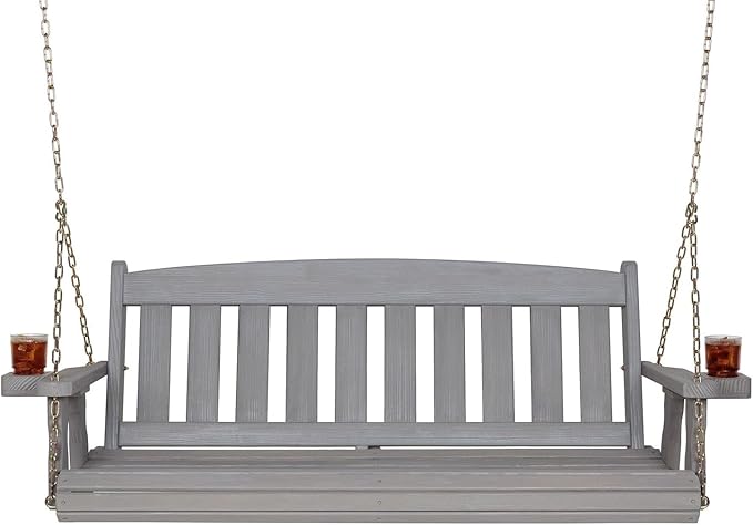 Amish Casual Heavy Duty Mission Treated Porch Swing, 6-Foot, Semi-Solid Grey Stain, 8Ft Chains, with Cups
