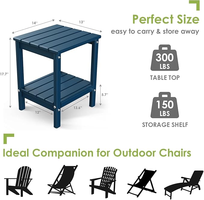 GREENVINES Adirondack-Outdoor-Side-Table | Set of 4 | 14 x 13 Inches | HDPE Plastic | All Weather | Blue | Outside End Tables | Storage Shelf | for Patio Porch Backyard Indoor