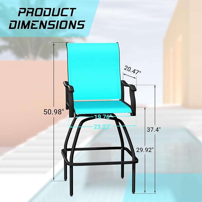 LEVELEVE Patio Bar Set 4pcs Swivel Bar Stools Outdoor Bistro Textilene Furniture Stability All-Weather Set (Lake Blue Fabric)