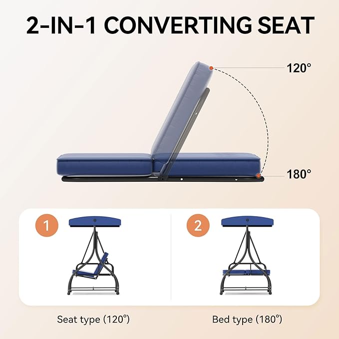 3-Seat Patio Swing Chair Outdoor Heavy Duty Steel Frame with Adjustable Canopy Removable Cushions - All Weather Porch Swings Glider for Backyard, Garden, Poolside - Navy Blue