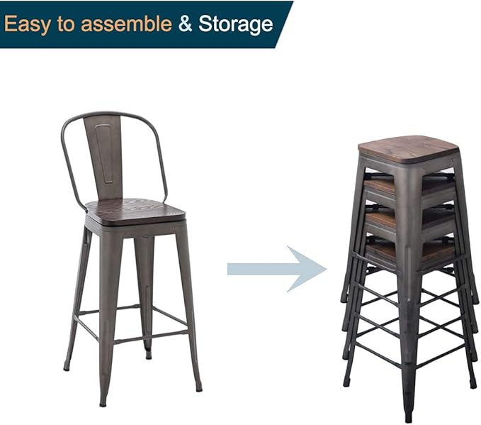 Alunaune 24" Swivel Metal Counter Height Bar Stools Set of 4 High Back Industrial Bar Chairs Kitchen Barstools with Large Wooden Seat-Rusty