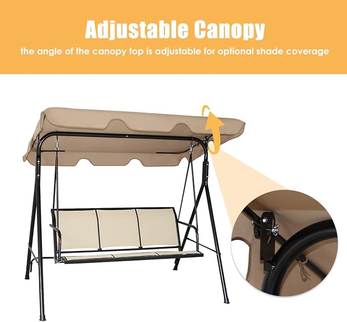 Tangkula 3 Person Patio Swing, Steel Frame with Polyester Angle Adjustable Canopy, All Weather Resistant Swing Bench, Suitable for Patio, Garden, Poolside, Balcony (Brown)