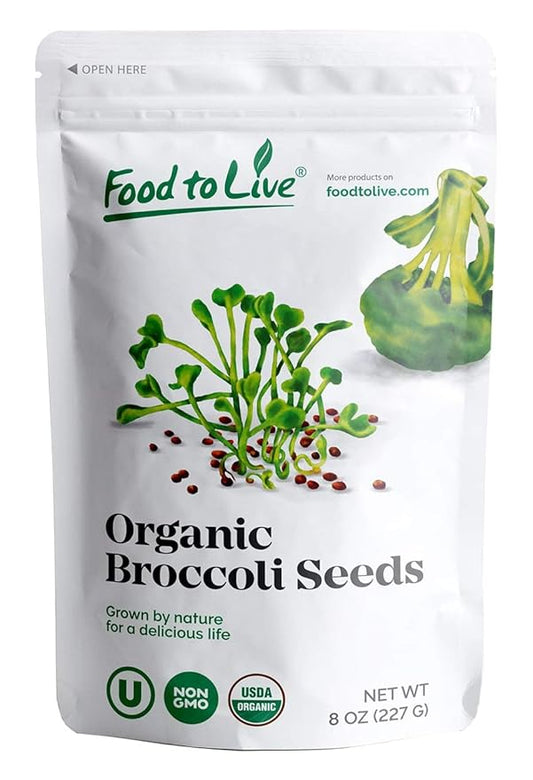 Food to Live Organic Broccoli Seeds for Sprouting, 8 Ounces – Non-GMO, Vegan, Kosher, Sirtfood, Bulk. Rich in Sulforaphane, Vitamin C. Grow Sprouts, Microgreens for Salads, and Sandwiches