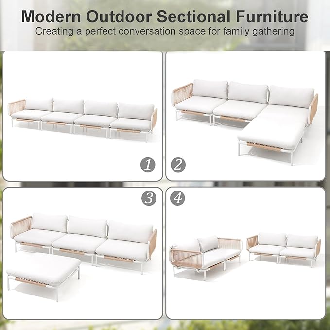4 Piece Modern Outdoor Sectional Sofa, 31" Oversized Patio Furniture Set with Olefin Woven Rope, Weather-Resistant Metal Frame and Removable Cushion, Beige