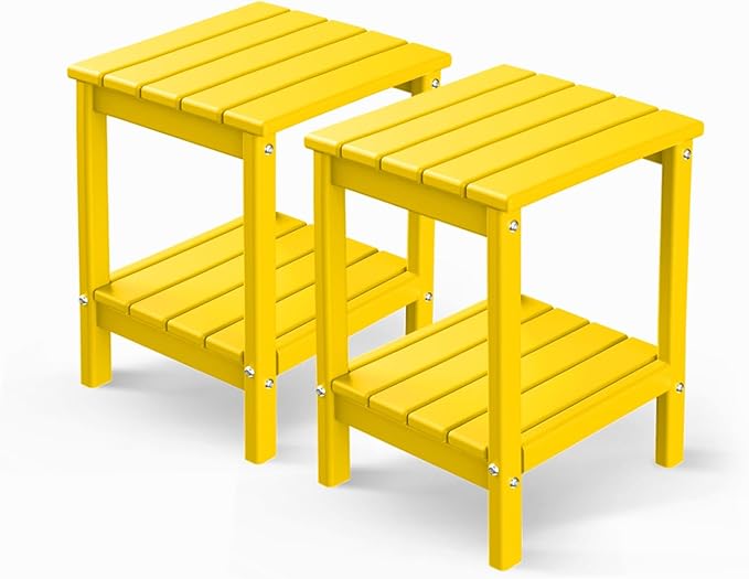 GREENVINES Adirondack-Outdoor-Side-Table | Set of 2 | 14 x 13 Inches | HDPE Plastic | All Weather | Yellow | Outside End Tables | Storage Shelf | for Patio Porch Backyard Indoor