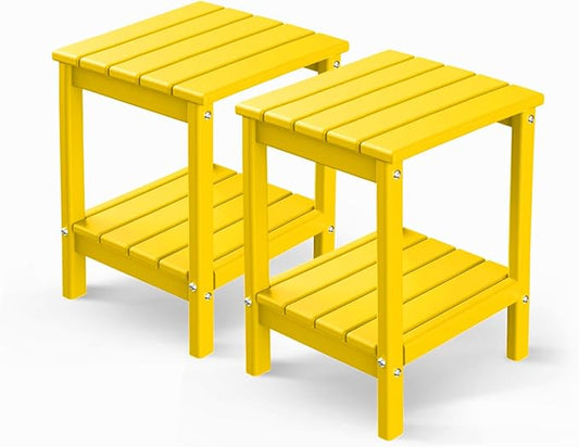 GREENVINES Adirondack-Outdoor-Side-Table | Set of 2 | 14 x 13 Inches | HDPE Plastic | All Weather | Yellow | Outside End Tables | Storage Shelf | for Patio Porch Backyard Indoor