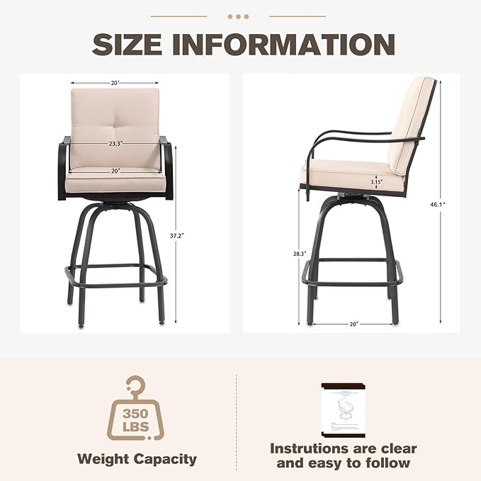 Outdoor Swivel Bar Stools Set of 6,Bar Height Patio Chairs with Cushions and High Backrest, All Weather Patio Bar Stools Furniture for Bistro Lawn, Pool, Garden and Backyard,Light Brown