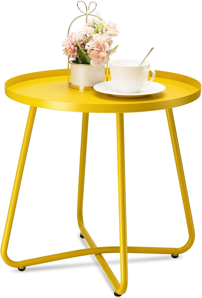 danpinera Outdoor Side Tables, Weather Resistant Steel Patio Side Table, Small Round Outdoor End Table Metal Side Table for Patio Yard Balcony Garden Bedside Yellow