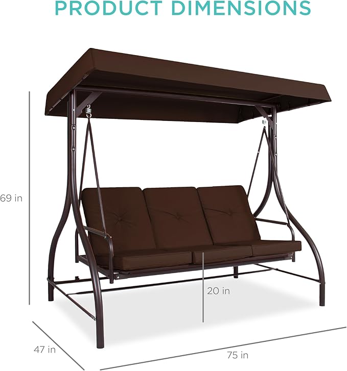 Best Choice Products 3-Seat Outdoor Large Converting Canopy Swing Glider, Patio Hammock Lounge Chair for Porch, Backyard w/Flatbed, Adjustable Shade, Removable Cushions - Brown