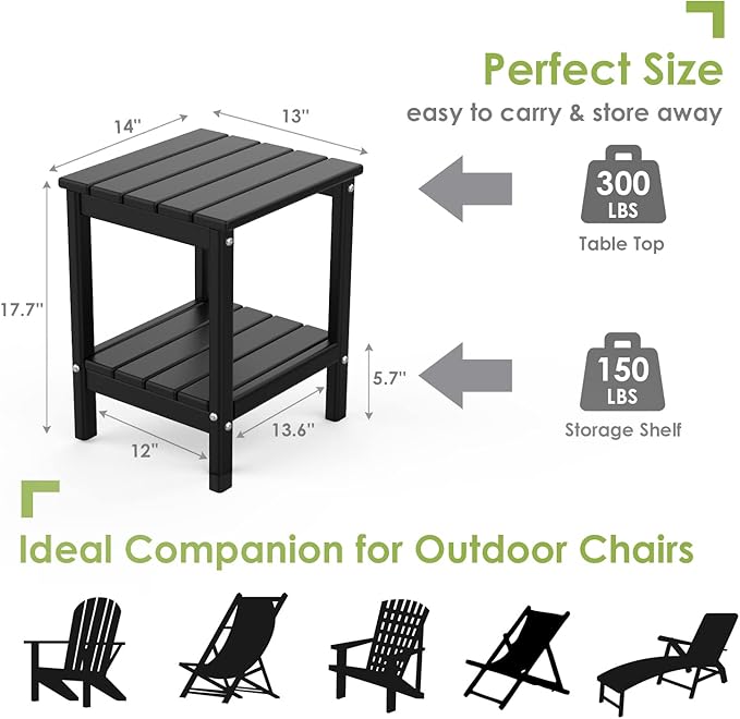 GREENVINES Adirondack-Outdoor-Side-Table | 14 x 13 Inches | HDPE Plastic | All Weather | Black | Outside End Tables | Storage Shelf | for Patio Porch Backyard Indoor