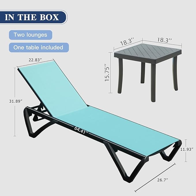Domi Pool Lounge Chairs Set of 2 with Side Table, Aluminum Adjustable Outdoor Chaise Lounge with Wheels, All Weather Poolside Chairs for Deck Lawn Patio Backyard, Textilene- Turquoise Blue