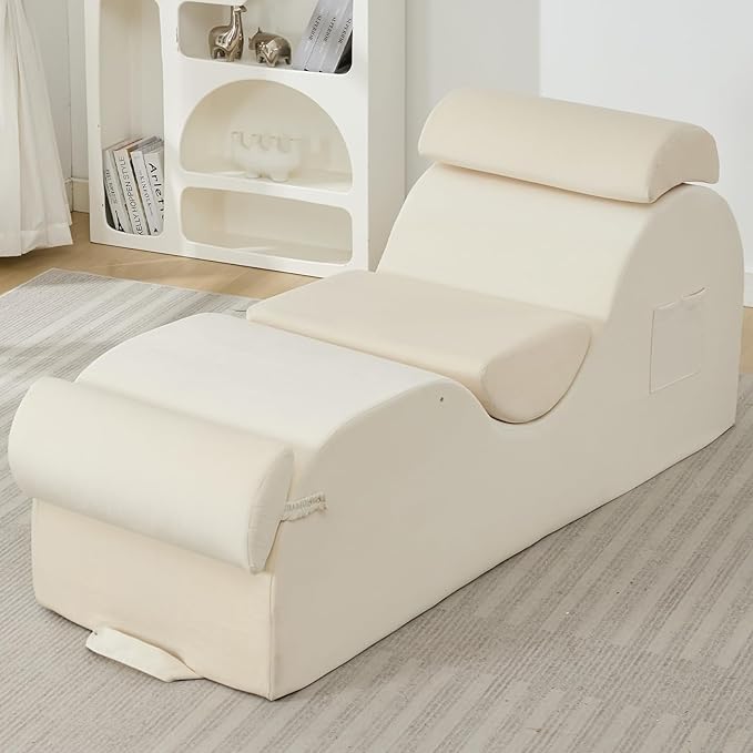 ijuicy Sleek Chaise Lounge Chair for Yoga/Exercise, Indoor Lounger with Headrest, Waist Cushion, Movable Footrest, Side Pockets, Non-Slip Bottom - High Density Sponge, Beige