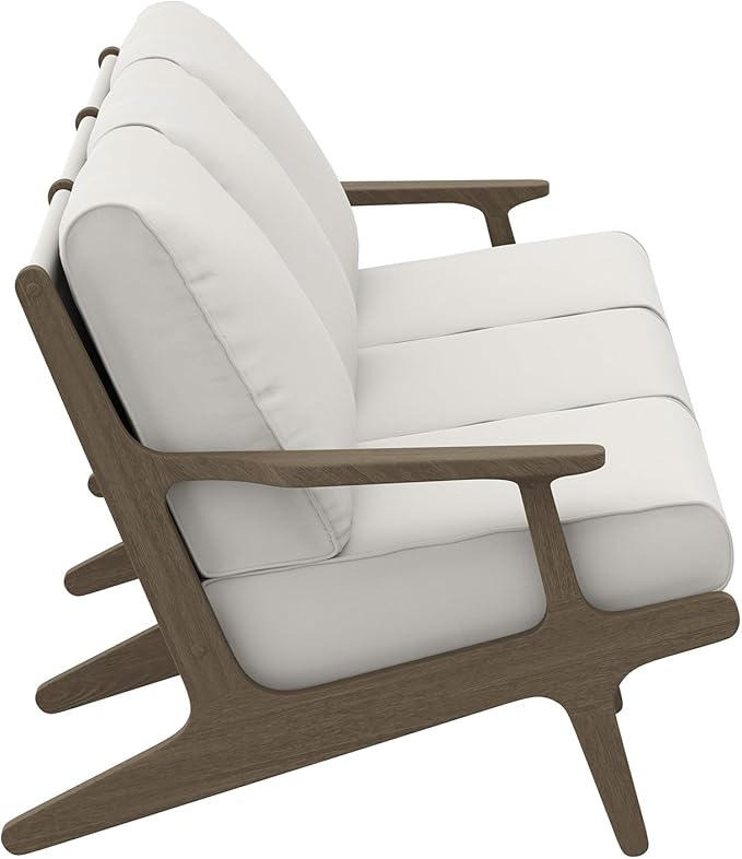 Modway Saratoga Teak Outdoor Patio Sofa in Weathered Gray White – 3 Seater Couch with Weather-Resistant Cushions – Wooden Outdoor Furniture Sofa