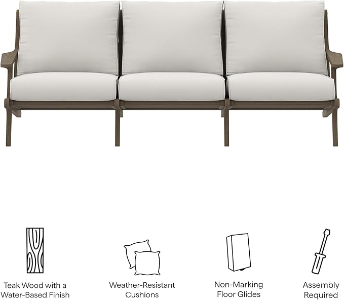 Modway Saratoga Teak Outdoor Patio Sofa in Weathered Gray White – 3 Seater Couch with Weather-Resistant Cushions – Wooden Outdoor Furniture Sofa