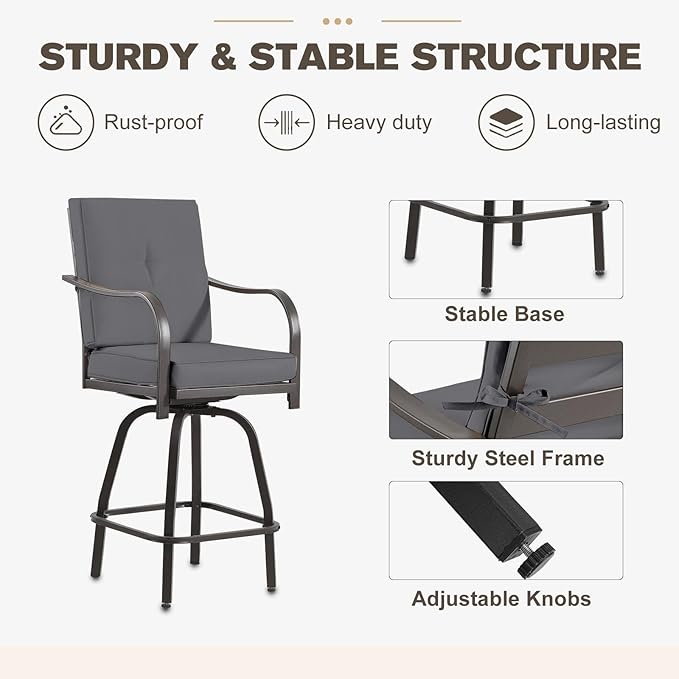 Outdoor Swivel Bar Stools Set of 2,Bar Height Patio Chairs with Cushions and High Backrest, All Weather Patio Bar Stools Furniture for Bistro Lawn, Pool, Garden and Backyard,Gray