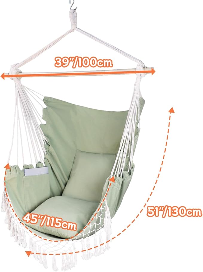 Hammock Chair Hanging Rope Swing Chair,Max 450 Lbs, Large Hanging Chair with Pocket, 2 Cushions, Steel Bar with Anti-Slip Rings, Hardware Kit Included, Comfortable for Indoor Outdoor (Green)