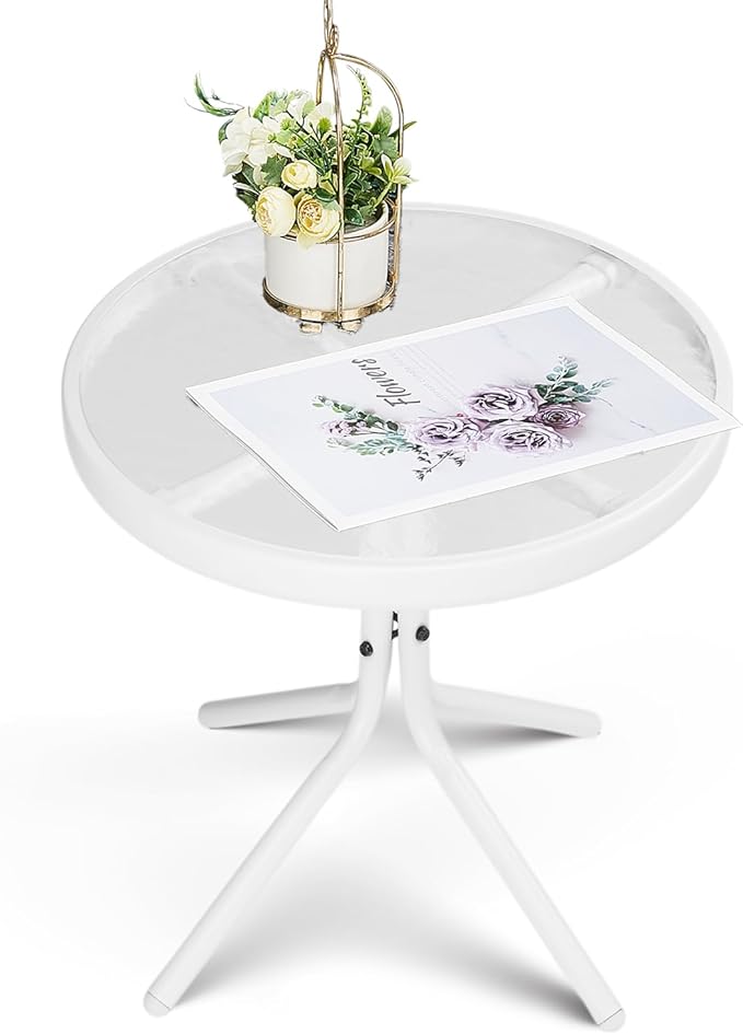 VINGLI Outdoor Side Table, 18" Patio Table Steel Frame Tempered Glass Top, Weatherproof Small Tables for Balcony Garden Poolside (White, Round)