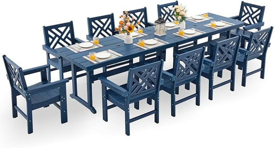 HDPE Dining Table Set for 10,12-Piece Outdoor Table and Chairs Include 10 Dining Chairs and 2 Pcs 62.5" Patio Dining Table with Umbrella Hole (Blue)