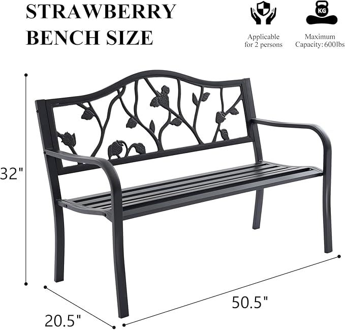 50" Outdoor Garden Bench, Cast Iron Metal Outdoor Benches Weatherproof with Artistic Strawberry Backrest, Black Patio Bench for Porch, Backyard, Lawn