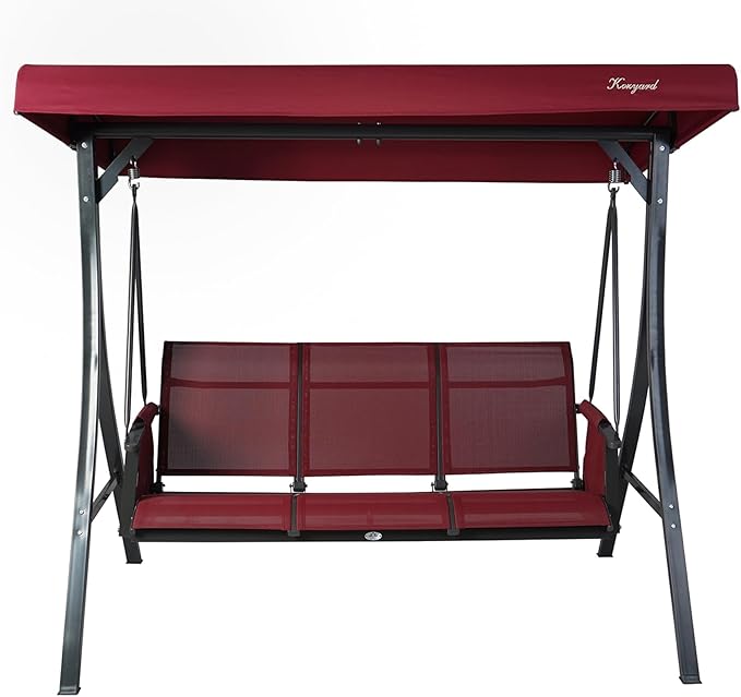 Kozyard Brenda 3-Seat Outdoor Porch Swing Glider, Patio Swing with Adjustable Canopy, Steel Frame, Breathable Textilene Seat & Back, Side Pockets (Burgundy)