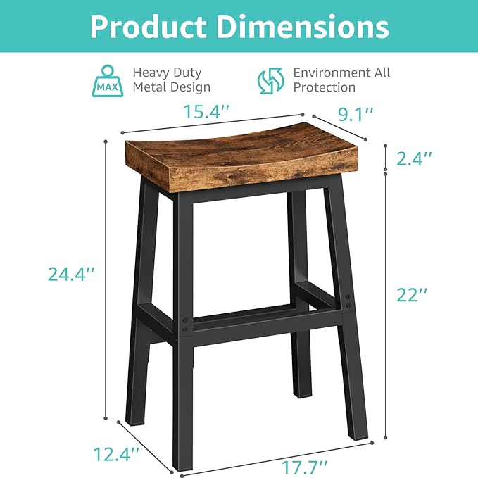 Rustic Bar Stools, 24 Inch Barstools Set of 2, Counter Height Stool with Footrest, Wooden Stools for Kitchen Island, Heavy Duty Backless Chair for Dining Table Farmhouse Outdoor