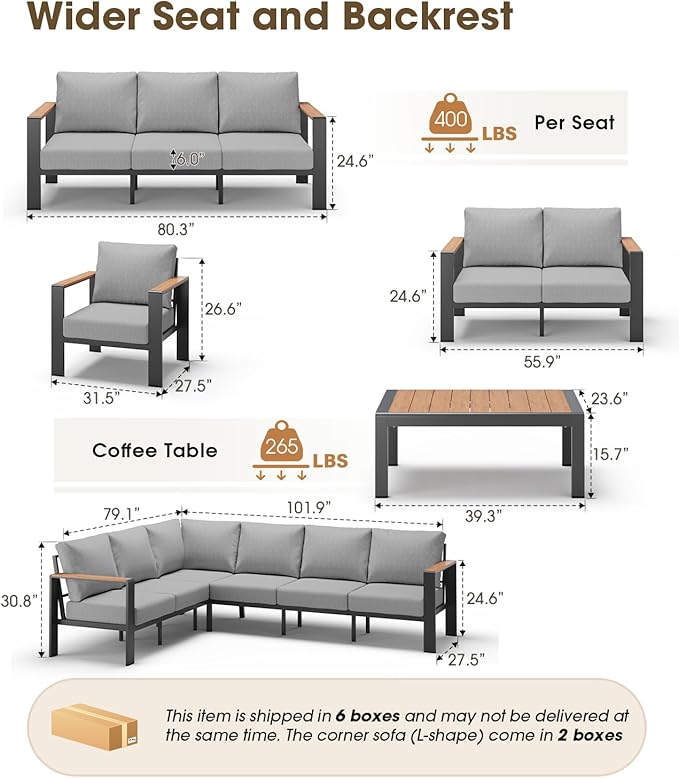 Outdoor Aluminum Patio Furniture Set 11 Seats, Patio Sectional Corner Couch Set with Washable Thick Cushions & Coffee Table, Patio Conversation Sets for Porch, Backyard, Garden, Deck, Gray