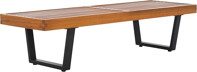 SAFAVIEH Outdoor Patio Furniture Heather Natural Brown Solid Wood & Black Legs 60-inch Steel Bench