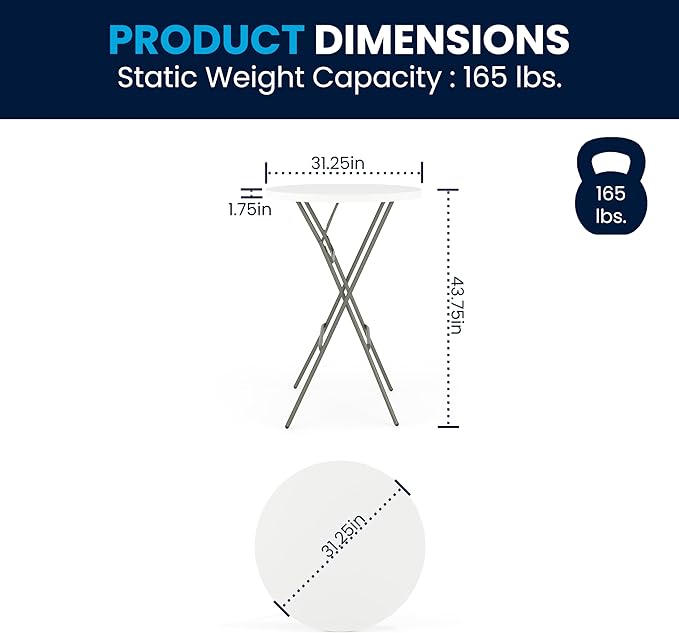 Flash Furniture Elon 32' Round Folding Bar Height Table for Parties and Commercial Events, Indoor/Outdoor Plastic Tall Round Table, White