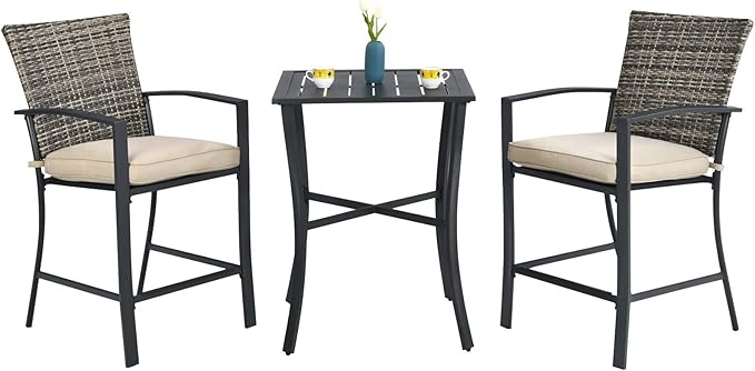 Tangkula 3 Piece Patio Bar Set, Outdoor Bistro Set w/ 27.5" Square Table, 2 Wicker Cushioned Chairs, Ergonomic Armrest & Backrest, All-Weather Rattan Furniture Set for Patio, Backyard, Garden