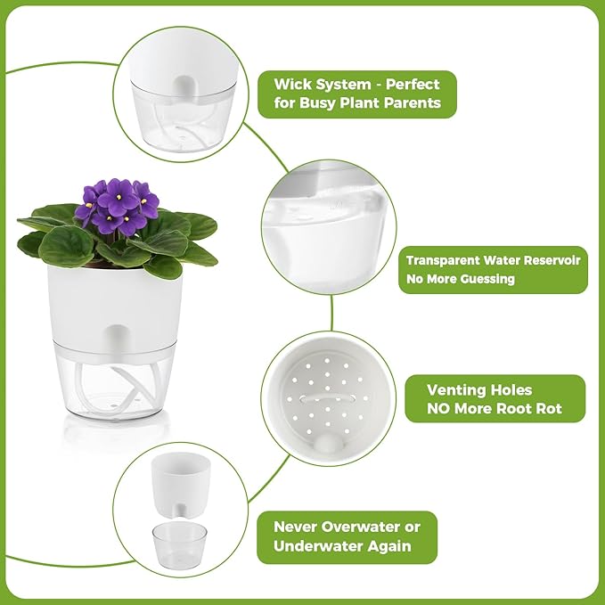 Planterhoma 12 Pack Self Watering Pots for Indoor Plants, 3.2 Inch Plant Pot Plastic Self Watering Planter for Orchid, African Violet, Clear Flower Pots with Drainage Holes and Wicking Rope, White