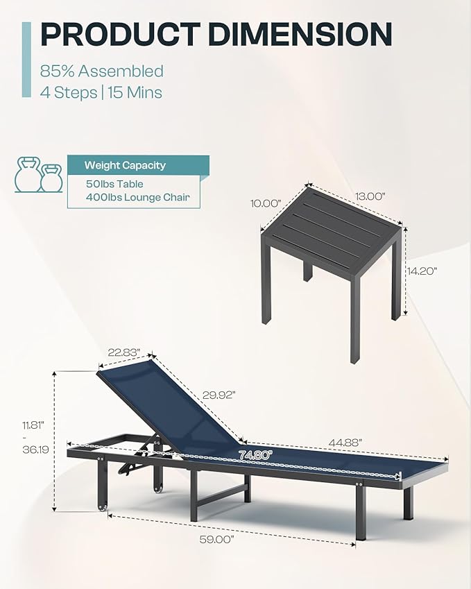 Aluminum Outdoor Lounge Chairs Set of 2, Pool Lounge Chairs with Wheels and 5-Position Recliner -Easy to Move- Patio Chaise Lounge Outdoor for Poolside, Deck, Beach (NavyBlue)
