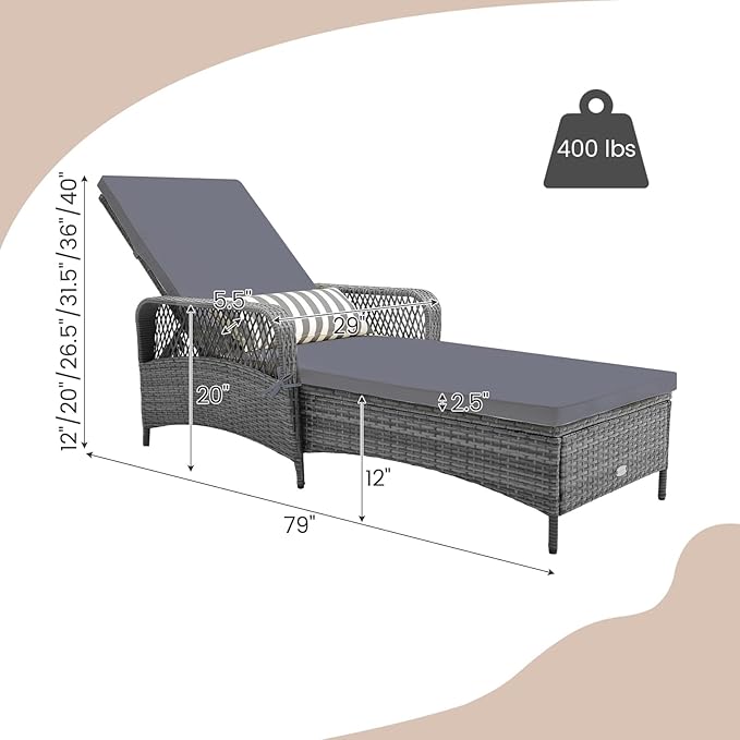 Tangkula Wicker Chaise Lounge Outdoor, Patio Rattan Reclining Chaise with 6-Gear Adjustable Backrest, Thick Padded Cushion & Removable Lumbar Pillow, Pool Lounge Chairs (1, Mix Grey + Grey)